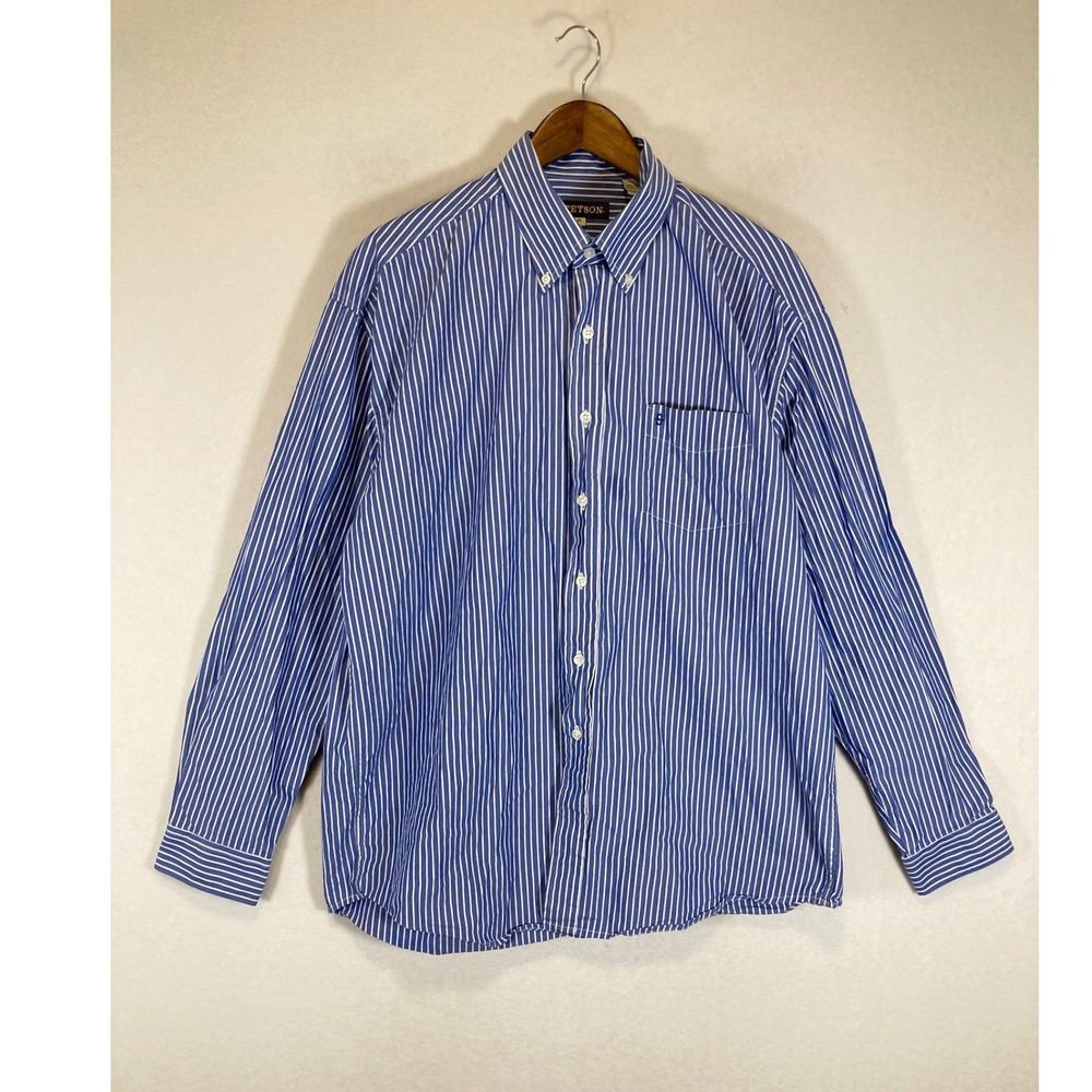 Western Preppy Stetson Mens XL Blue White Striped Cotton Button Down Shirt